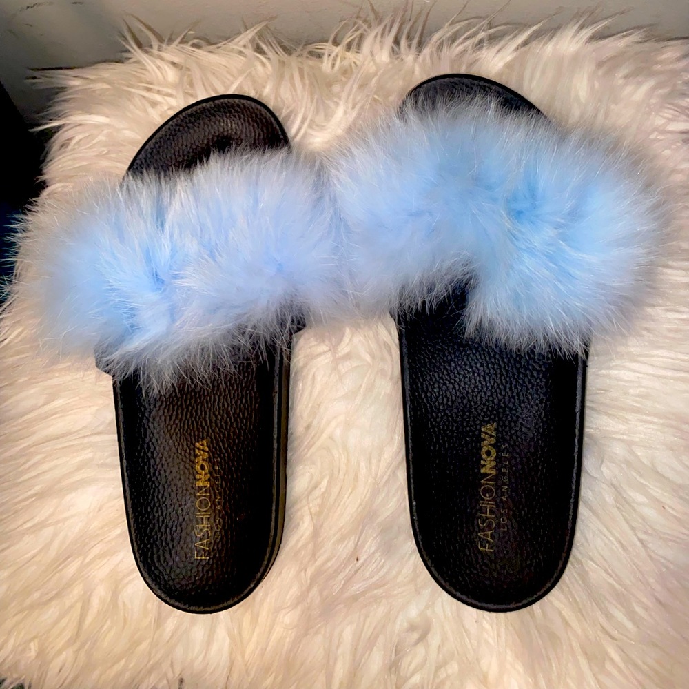 Blue Fur Slides Size 9